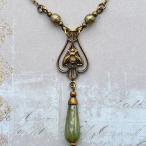 Art Nouveau Antiqued Brass Bee Necklace with Mottled Aqua Green & Gold Czech Glass Drop