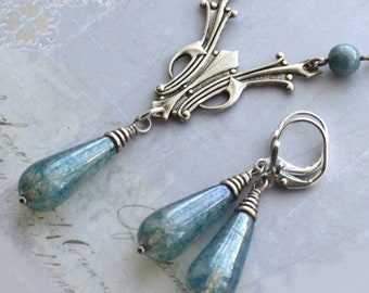 Art Deco, Art Nouveau, Antiqued Silver Blue Glass Teardrop Necklace and Earring Set
