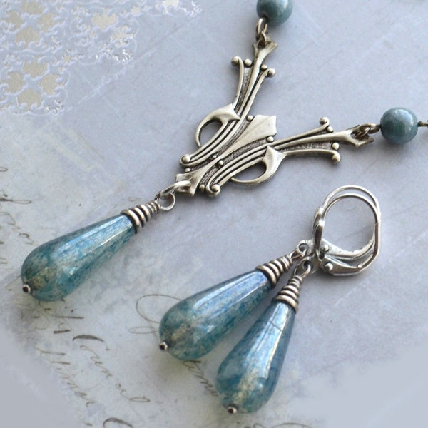 Art Deco, Art Nouveau, Antiqued Silver Blue Glass Teardrop Necklace and Earring Set