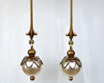 Tudor Style Long Delicate Antiqued Brass Crystal Pearl Bridal Earrings