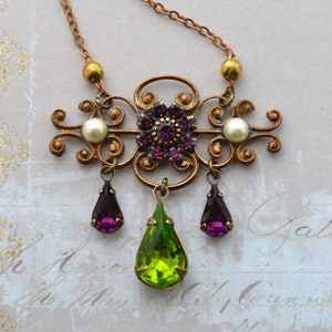 Suffragette Edwardian Victorian Art Nouveau Style Antiqued Gold Brass Amethyst, Olivine Peridot Crystal Pearl Cabachon Necklace