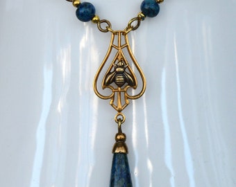 Art Nouveau Antiqued Brass Bee Necklace with Marbled Teal and Prussian Blue Glass Drop