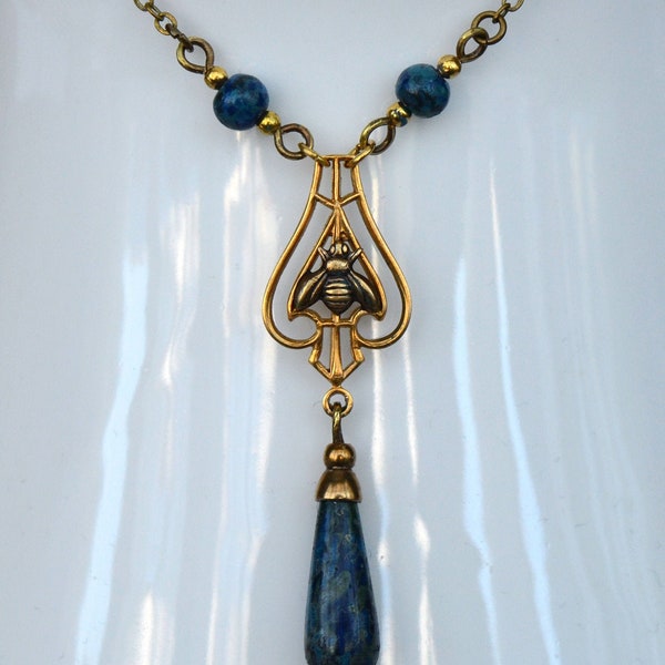 Art Nouveau Antiqued Brass Bee Necklace with Marbled Teal and Prussian Blue Glass Drop