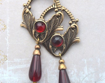 Art Nouveau, Art Deco Red Glass Drop Earrings, Antiqued Brass Floral Earrings