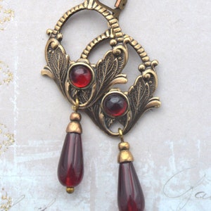 Art Nouveau, Art Deco Red Glass Drop Earrings, Antiqued Brass Floral Earrings