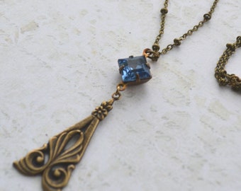 Art Nouveau Style Antiqued Brass Sapphire Blue Set Glass Stone Necklace