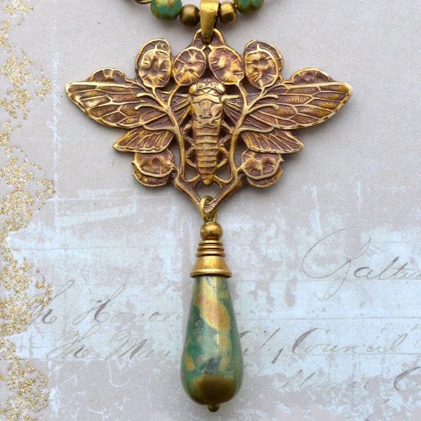 Art Nouveau Style, Antiqued Brass, Cicada and Honesty, Picasso Green Drop Necklace