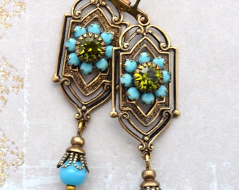 Victoriaanse, edwardiaanse, art nouveau art deco antieke gouden oorbellen, turkoois en olivijn kristallen oorbellen
