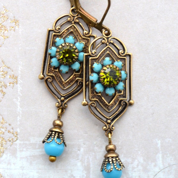 Victorian, Edwardian, Art Nouveau Art Deco Antiqued Gold Earrings, Turquoise and Olivine Crystal Earrings