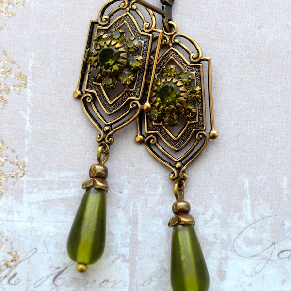 Victorian Edwardian Art Nouveau Art Deco Earrings, Earrings Olivine Green Crystal Earrings Antiqued Gold Earrings