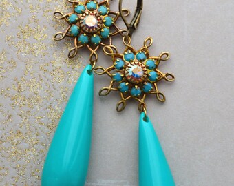 Art Deco Art Nouveau Vintage Turquoise Lucite Drop Turquoise Opaal & AB Kristal Filigraan Ster Oorbellen