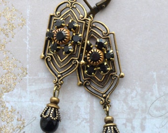Victorian, Edwardian, Art Nouveau Art Deco Antiqued Gold Earrings, Black Crystal Earrings