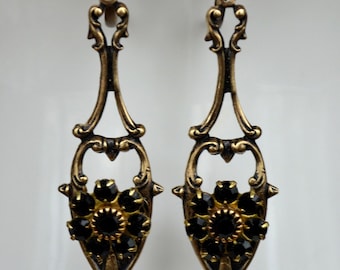 Victorian, Edwardian Art Nouveau Antiqued Gold Earrings, Black Crystal Earrings