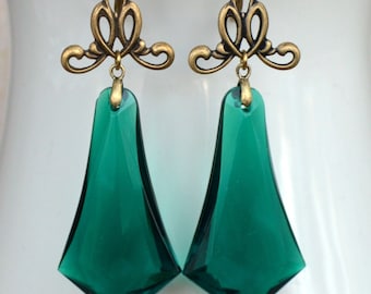 Art Deco, Art Nouveau Grande Vintage Smeraldo Verde Lucite Orecchini Goccia