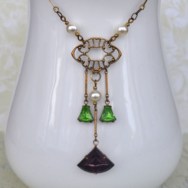 Suffragette Edwardian Victorian Art Nouveau Art Deco Style Antiqued Brass Amethyst, Peridot Glass and Crystal Pearl Statement Necklace