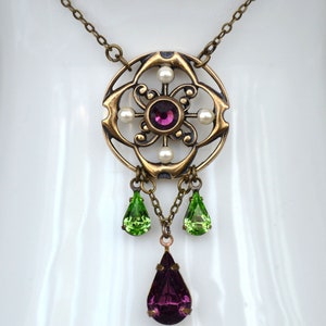 Suffragette Edwardian Victorian Art Nouveau Art Deco Style Antiqued Brass Amethyst, Peridot Glass Drop and Pearl Cabochon Statement Necklace