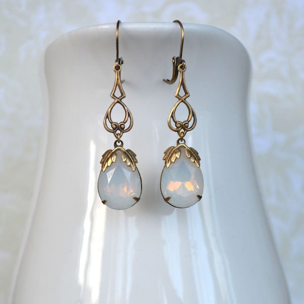 Art Nouveau Earrings, Victorian Earrings Antiqued Gold Brass Earrings, Crystal Opal Earrings, Vintage Bridal Earrings