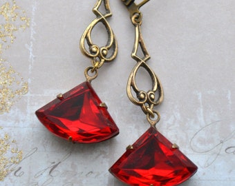 Art Deco Earrings, Art Nouveau Earrings, Ruby Red Glass Earrings, Antiqued Gold Brass Earrings, Fan Shaped Earrings