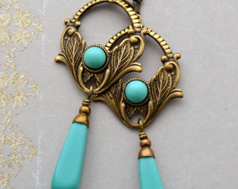 Art Nouveau, Art Deco Turquoise Glass Drop Earrings, Antiqued Brass Floral Earrings