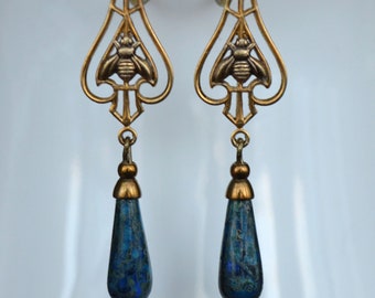 Art Nouveau, Art Deco Bee Earrings, Marbled Prussian Blue Glass Drop Earrings, Antiqued Gold Brass Earrings