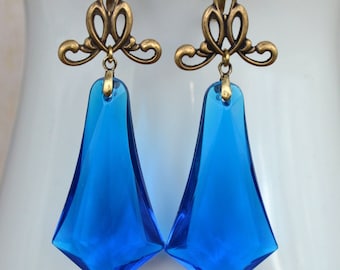 Art Deco, Art Nouveau Large Vintage Sapphire Blue Lucite Drop Earrings