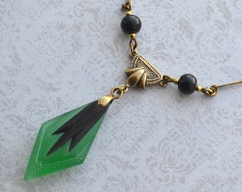 Art Deco, Emerald Green and Black Necklace, Antiqued Gold Necklace, Czech Green Glass Necklace