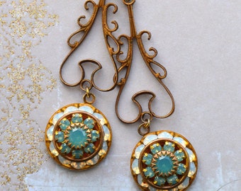 Art deco art nouveau-oorbellen, pacific groen en opaal Swarovski-kristallen oorbellen