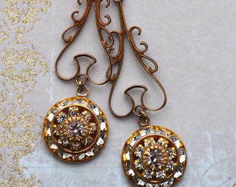 Art deco art nouveau-oorbellen, antiek goudmessing, kristallen oorbellen
