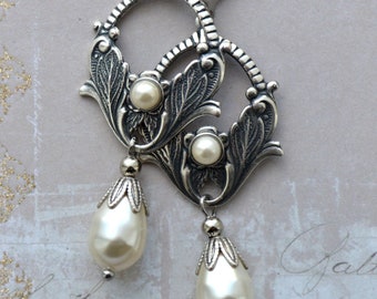 Art Nouveau, Art Deco Crystal Pearl Bridal Earrings, Antiqued Silver Floral Earrings