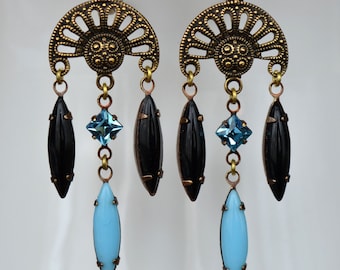 Art Deco Antiqued Gold Brass  Black and Turquoise Glass Drop Earrings