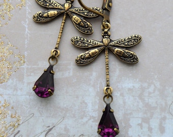 Art Nouveau Amethyst Purple Crystal Tear Drop Dragonfly Earrings, Antiqued Gold Brass Earrings