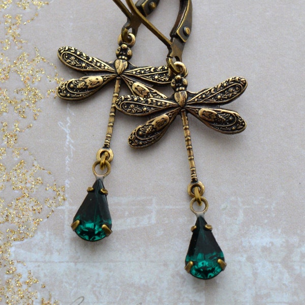 Art Nouveau Emerald Green Crystal Tear Drop Dragonfly Earrings, Antiqued Gold Brass Earrings