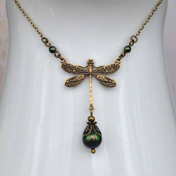 Art Nouveau Antiqued Brass Dragonfly Necklace with Iridescent Green Crystal Pearls