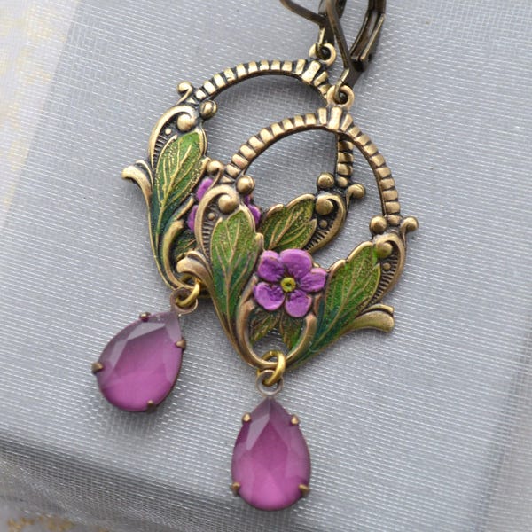 Art Nouveau Mulberry Earrings, Floral, Glass Drops