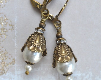 Victorian Earrings Art Nouveau Earrings Antiqued Gold Earrings Crystal Pearl Drops Vintage Bridal Earrings