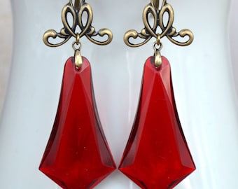 Art Deco, Art Nouveau Antiqued Brass Large Vintage Ruby Red Lucite Drop Earrings