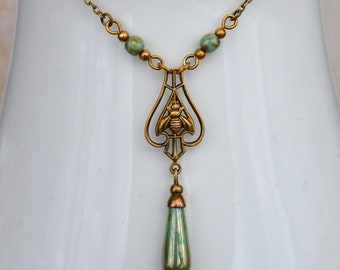 Art Nouveau Antiqued Brass Bee Necklace with Mottled Turquoise Green & Gold Czech Glass Drop