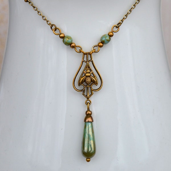 Art Nouveau Antiqued Brass Bee Necklace with Mottled Turquoise Green & Gold Czech Glass Drop