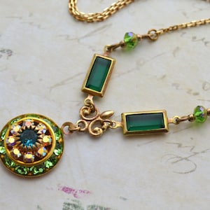 Art Deco Style Brass Emerald and Peridot Crystal Necklace