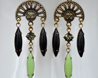 Art Deco Antiqued Gold Brass  Black and Light Green Glass Drop Earrings