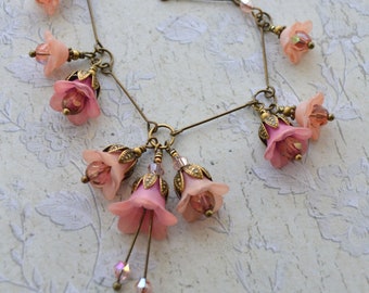 Art Nouveau Handmade Hand Painted Vintage Style Shades of Antique Pink Lucite Flower Necklace