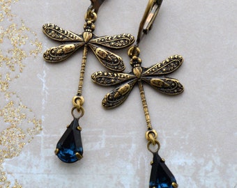 Art Nouveau Montana Blue Crystal Tear Drop Dragonfly Earrings, Antiqued Gold Brass Earrings