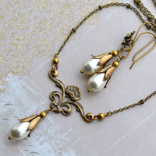 Art Nouveau Style Antiqued Gold Brass Cream Crystal Pearl Drop Vintage Bridal Necklace & Earring Set