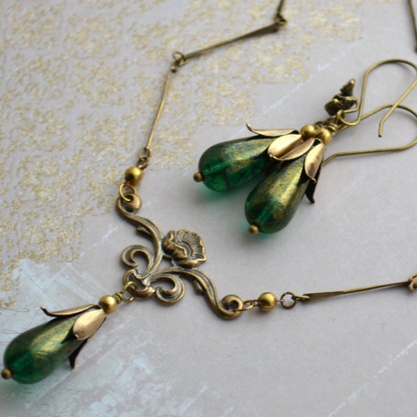 Art Nouveau Antiqued Gold Brass Necklace & Earring Set with Gold Lustre Emerald Green Czech Glass Drops