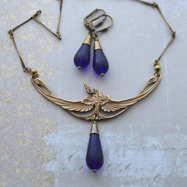 Art Nouveau Antiqued Gold Bird Necklace Set, Cobalt Blue Frosted Sea Glass Drop Necklace & Earring Set