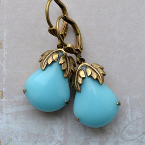 Art Nouveau Art Deco Antiqued Gold Earrings, Turquoise Glass Drop Earrings