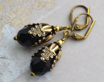 Art Nouveau Ornate Antiqued Brass Jet Black Faceted Glass Drop Earrings