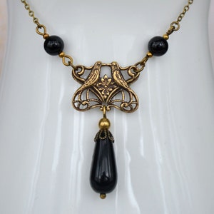 Art Nouveau Style Antiqued Brass Jet Black Czech Glass Drop Love Birds Necklace