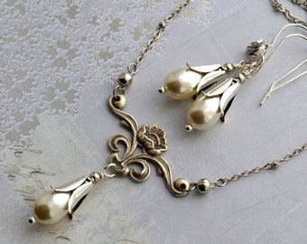 Art Nouveau Style Antiqued Silver Brass Crystal Pearl Drop Vintage Bridal Necklace and Earring Set