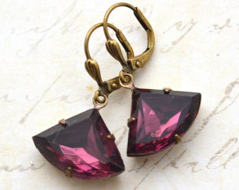 Art Deco Earrings, Amethyst Purple Earrings, Antiqued Gold Earrings, Vintage Czech Glass Fan Drop Earrings